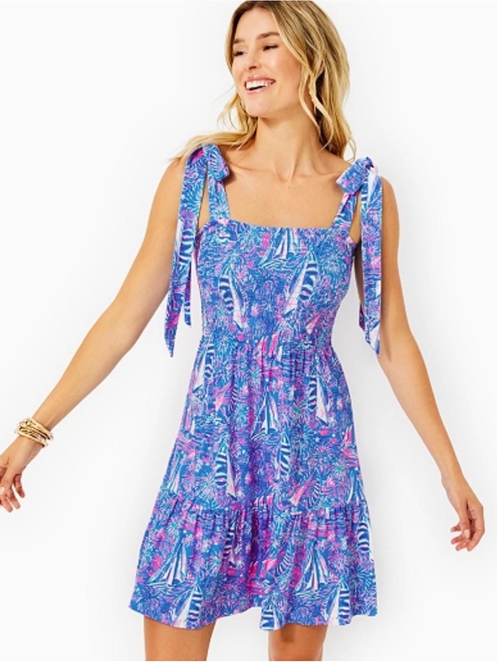 Lilly Pulitzer Kailua smocked bodice shoulder tie Its A Sailabration knit dress